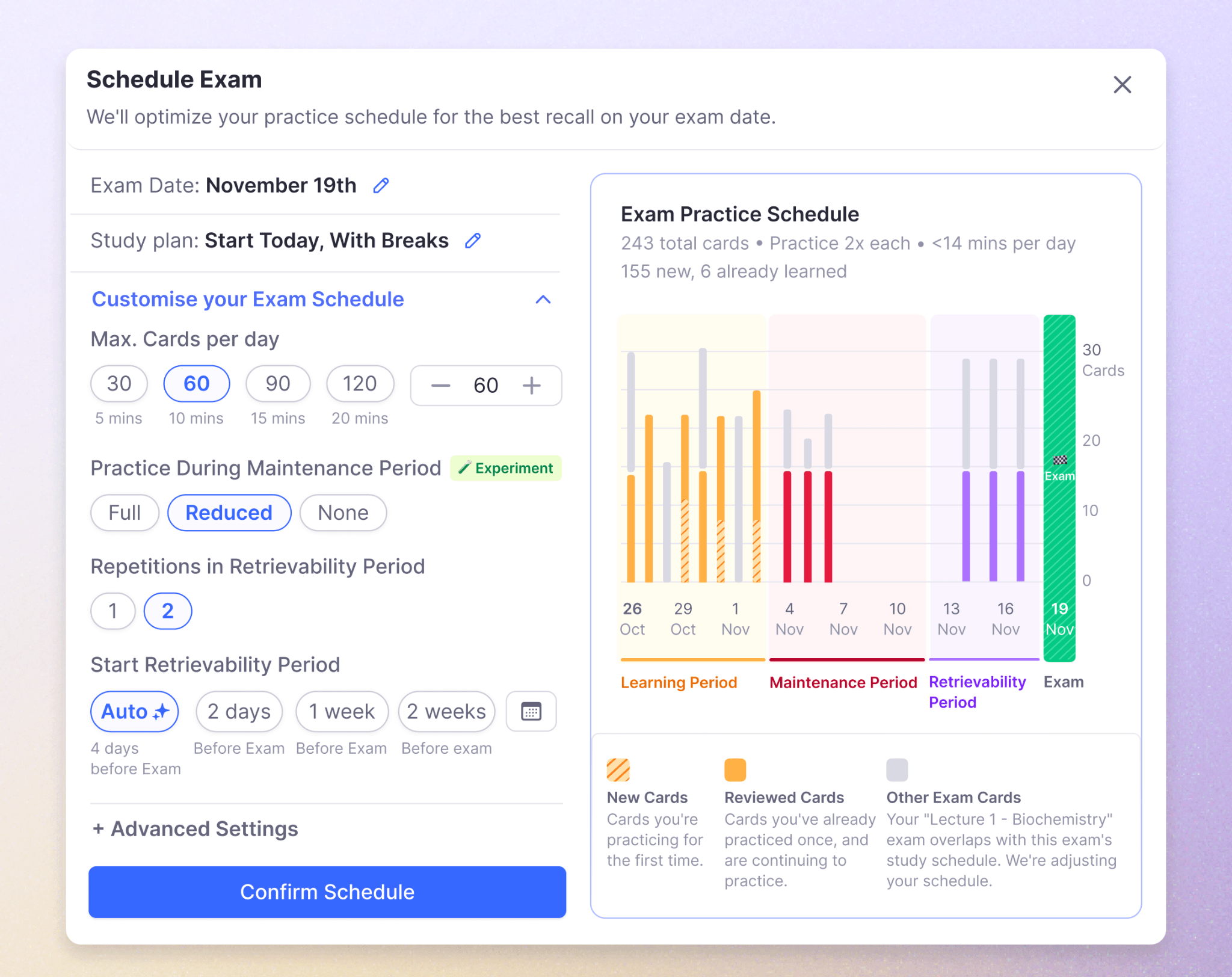 RemNote's exam scheduler.