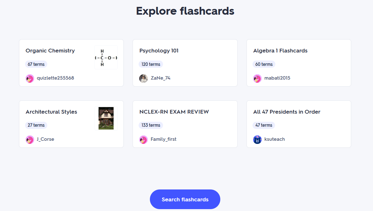 Flashcards explore page of Quizlet.