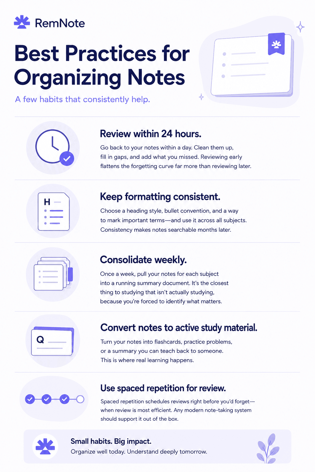 Best Practices for Organizing Notes" in a clean, minimalist style inspired by modern note-taking apps.