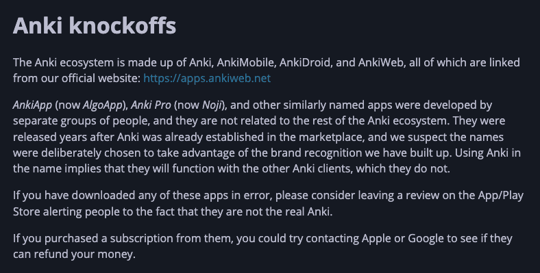 Anki's official stance on Anki knockoffs.