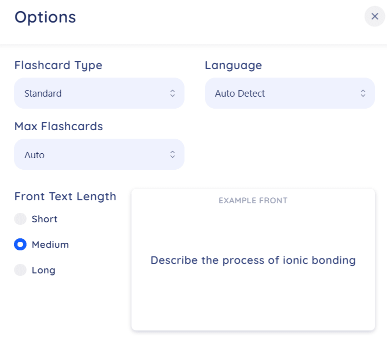 Revisely flashcard settings.