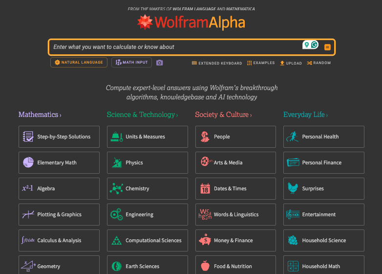 Wolfram Alpha dashboard screen.