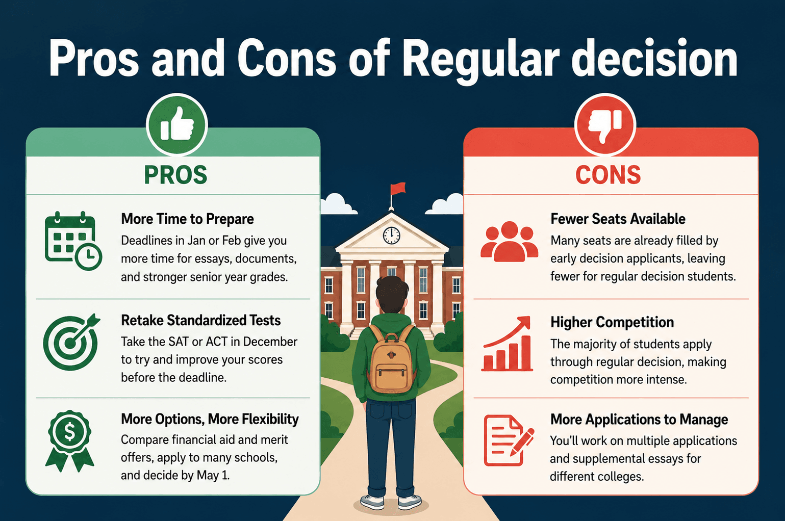 Graphic showing pros and cons of regular decision.