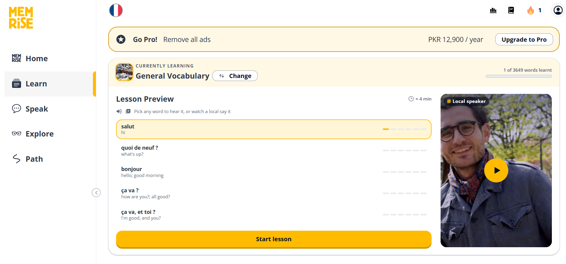 Memrise app dashboard.