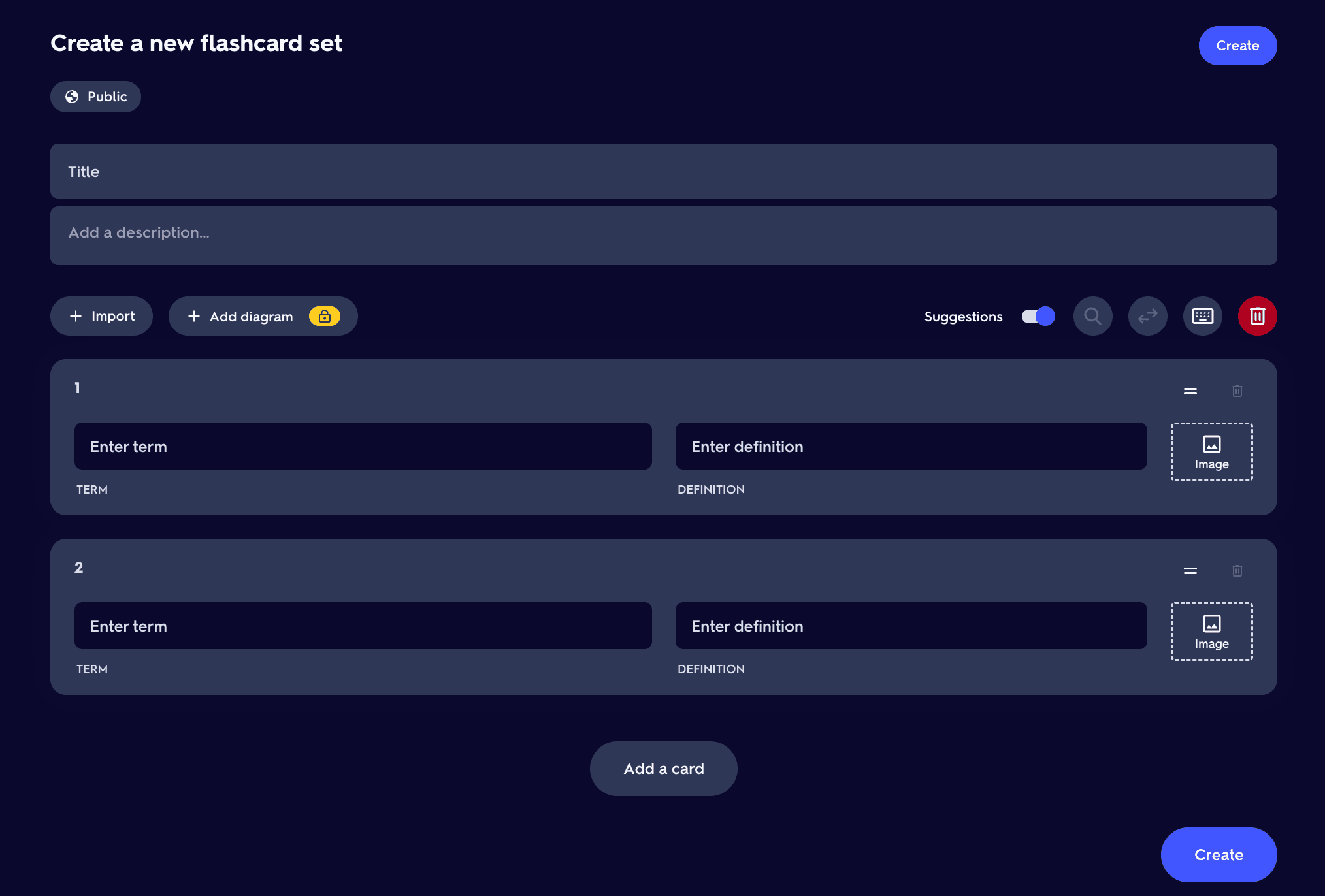 How to create a flashcard manually in Quizlet.