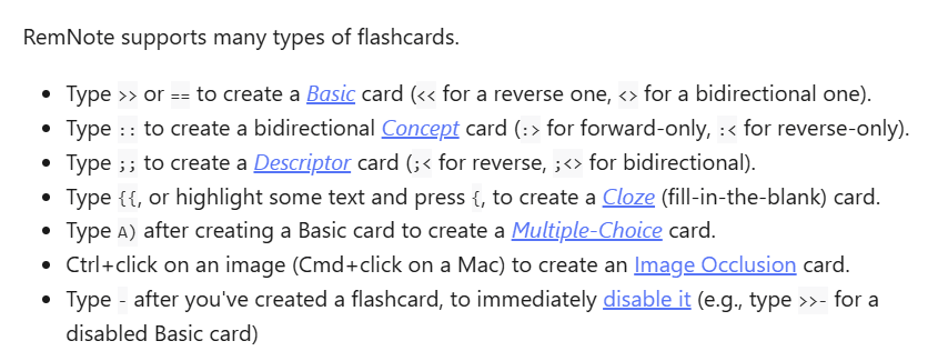 Types of flashcards RemNote supports.