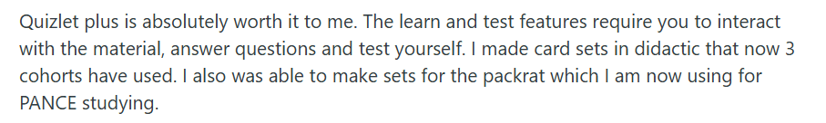Quizlet user review.