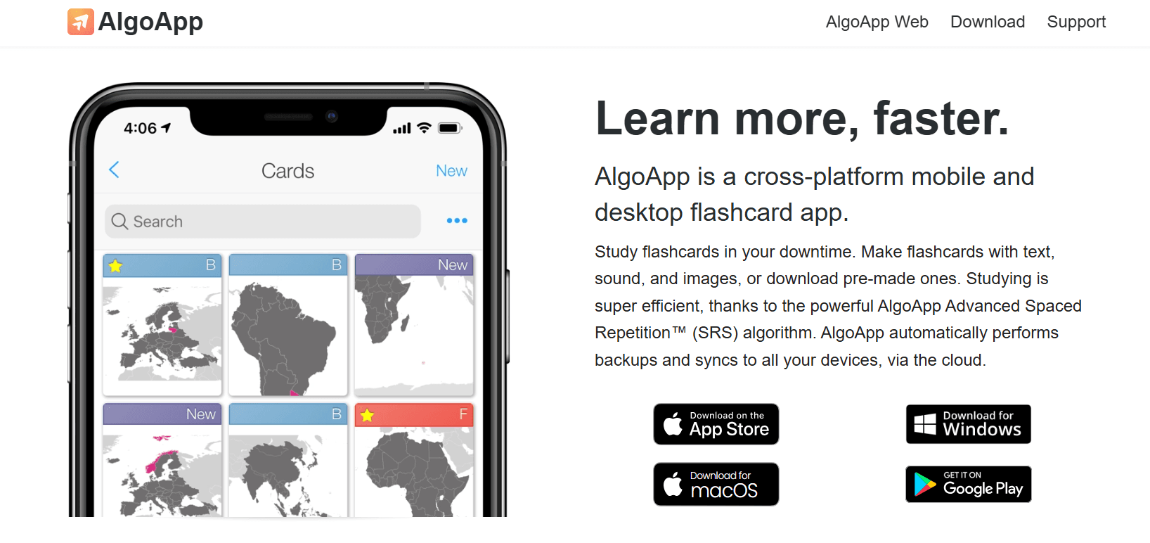 AlgoApp flashcard app home page.