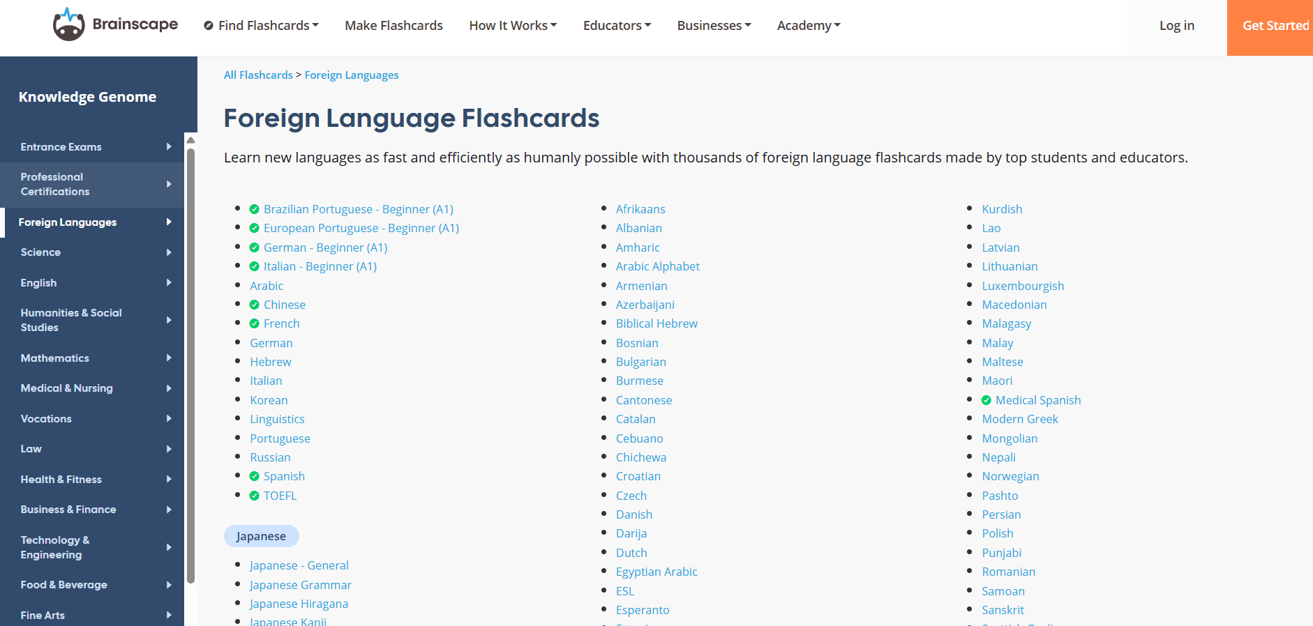 Brainscape foreign language flashcards library.