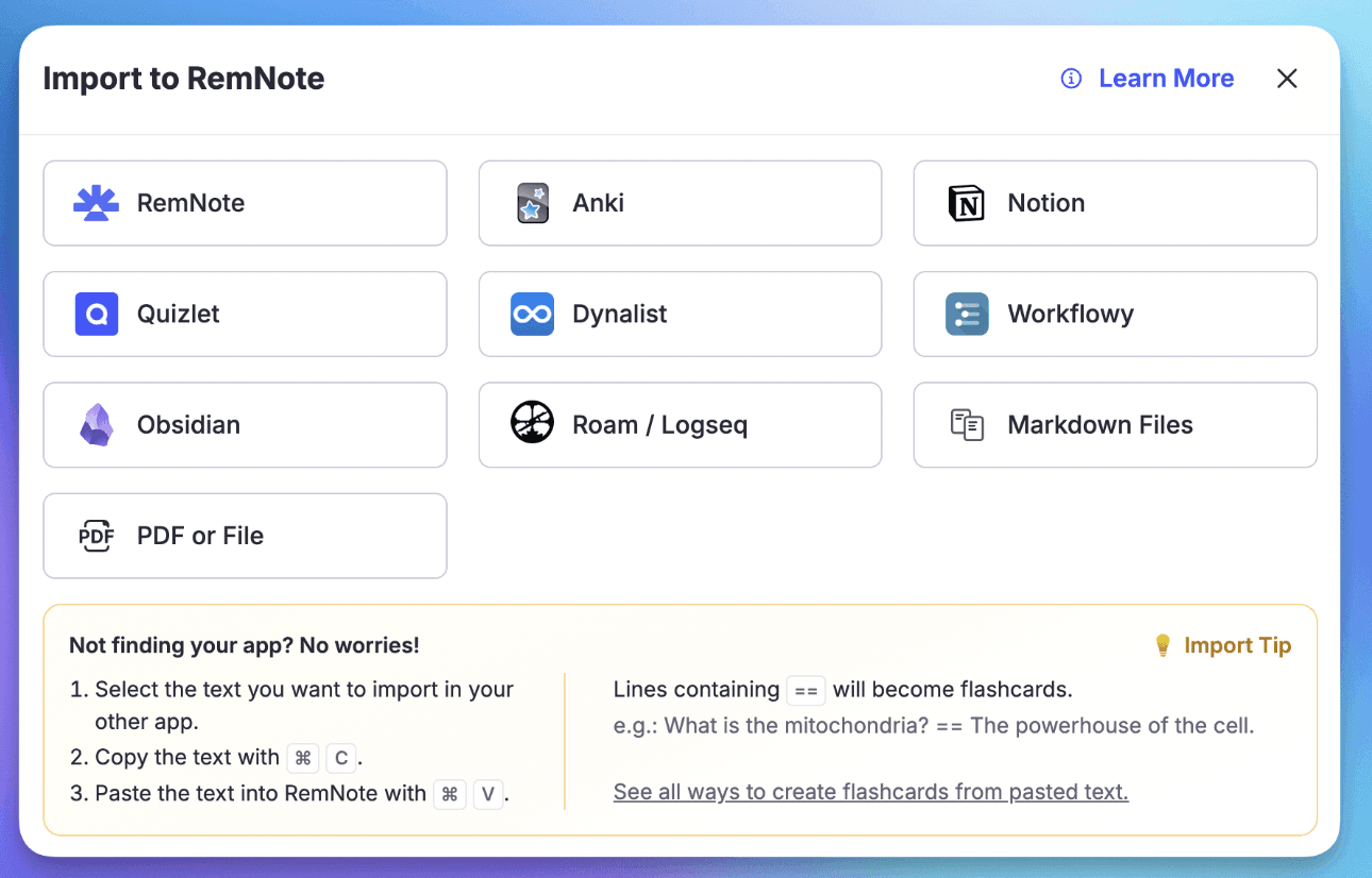 screengrab showing RemNote dashboard showing the different apps and file formats that can be turned into flashcards, including PDFs to flashcards