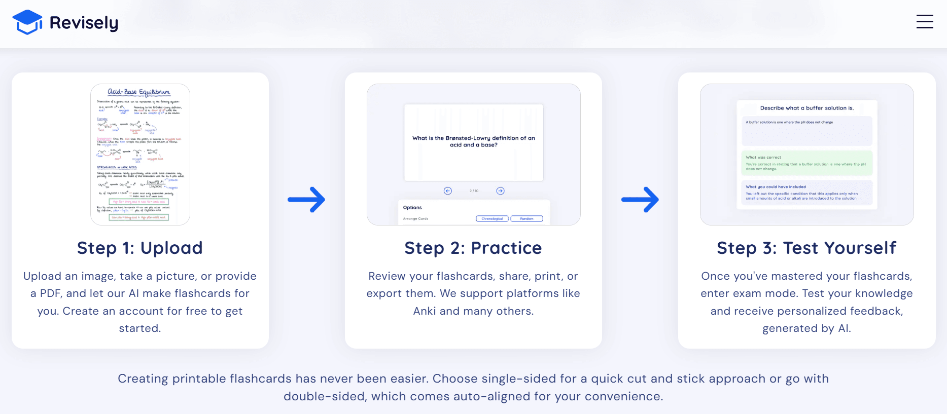 Revisely three step process to create flashcards.