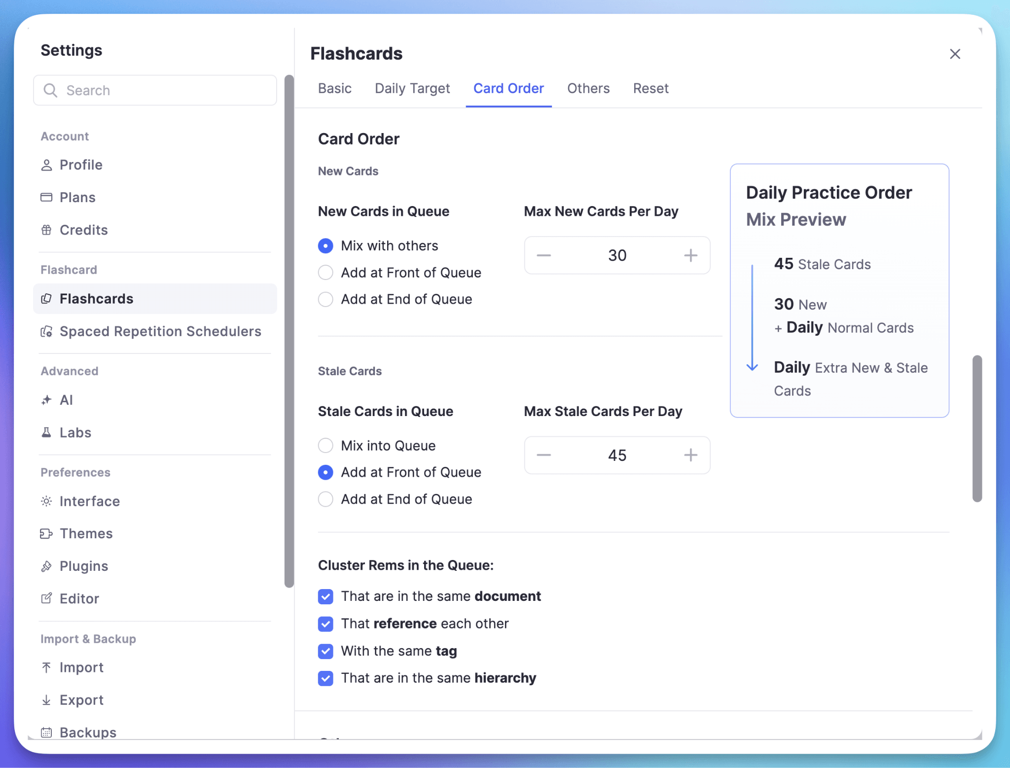 Flashcard settings in RemNote.