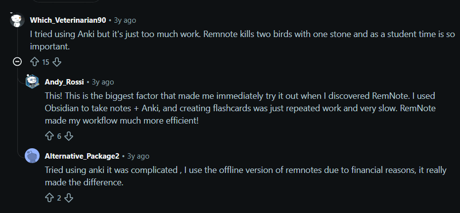 A user on Reddit comparing Anki with RemNote and saying that RemNote saves a lot of student's time as compared to Anki.