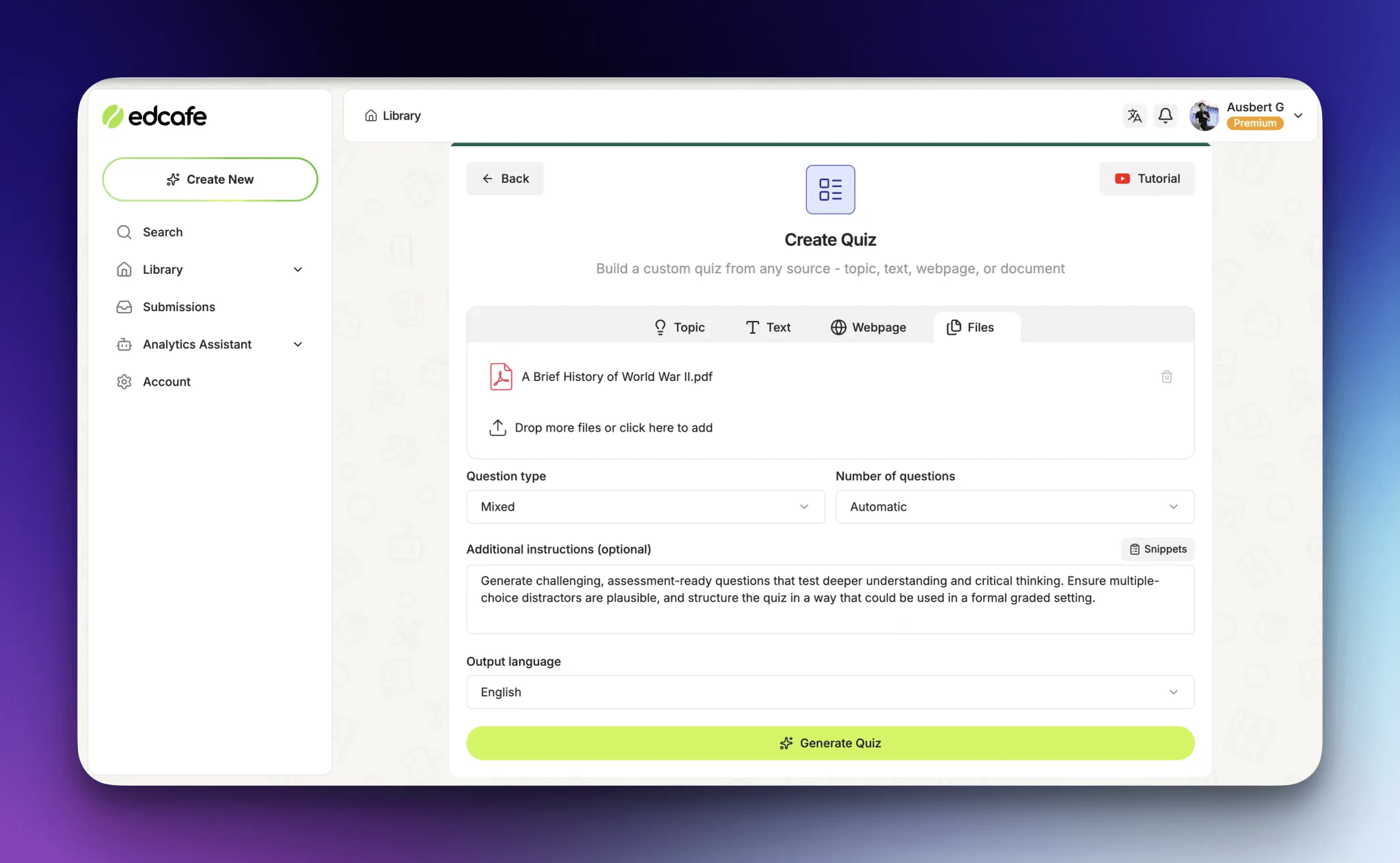 Edcafe AI quiz maker dashboard.