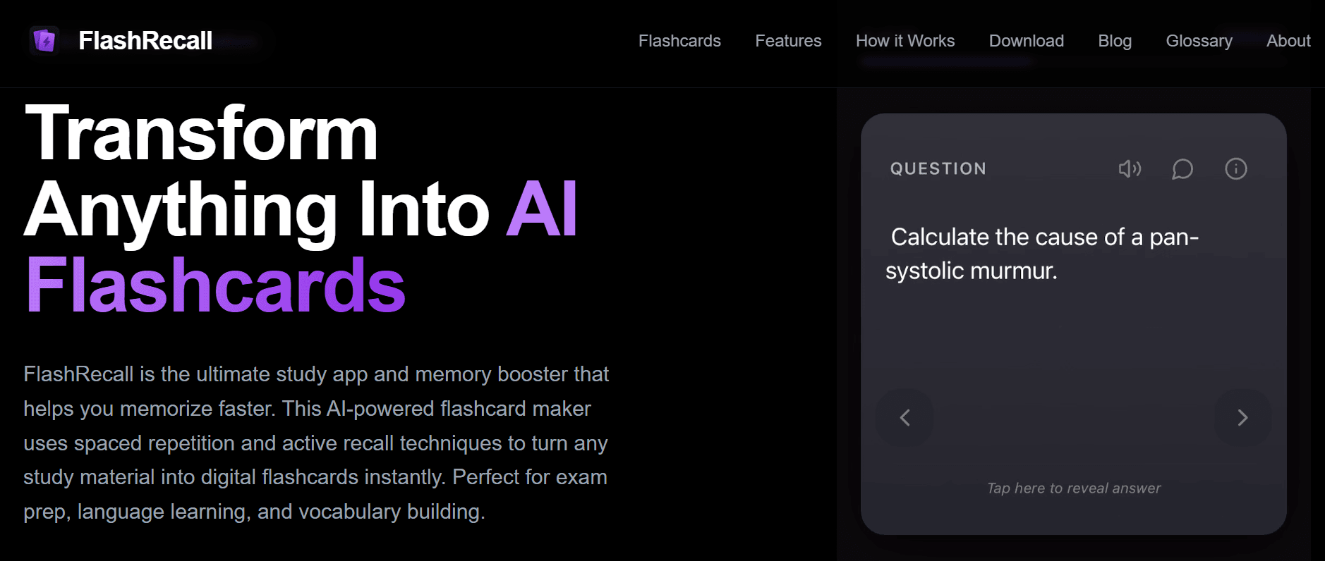 FlashRecall AI flashcard maker home page.