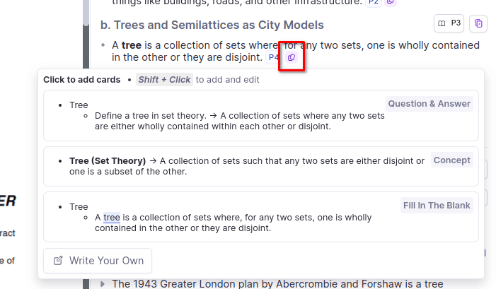 RemNote Reader’s suggestion to turn a piece of text in a document into a flashcard.