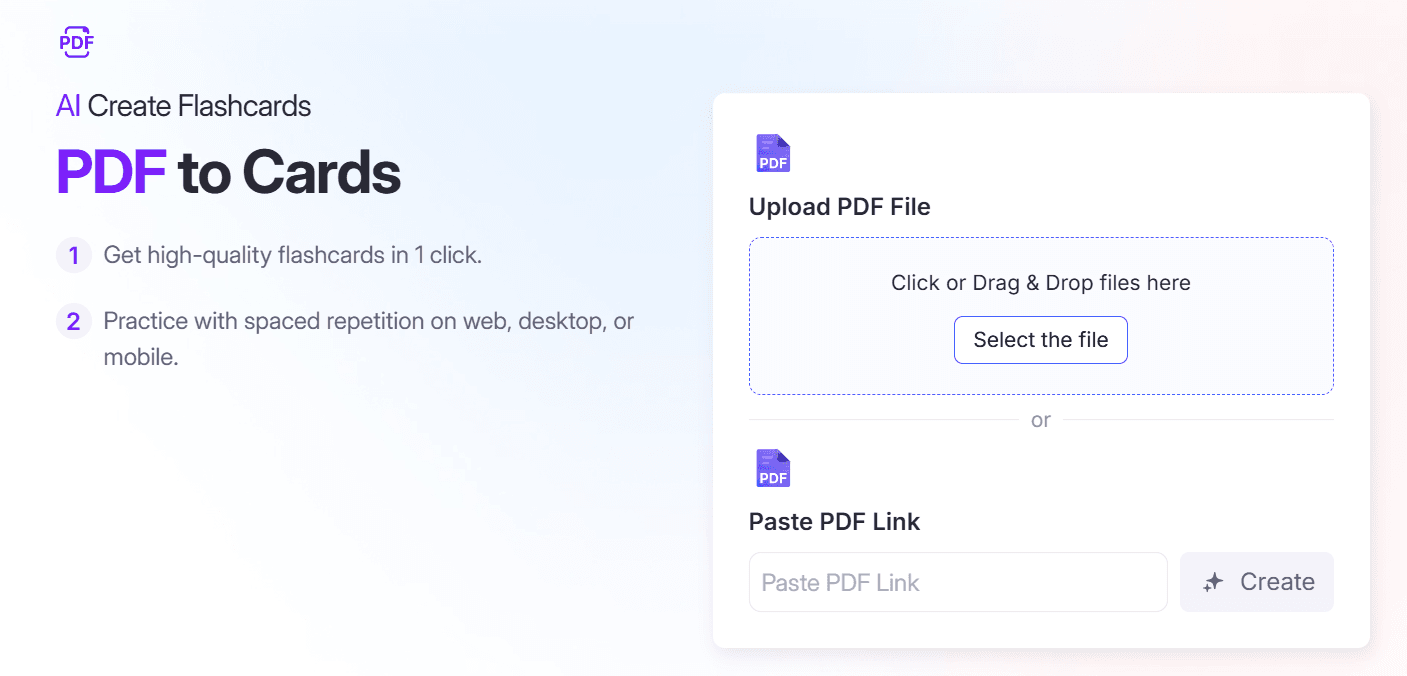RemNote's PDF to Flashcards feature.
