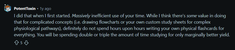 Reddit user advising the community not to turn notes into flashcards manually.