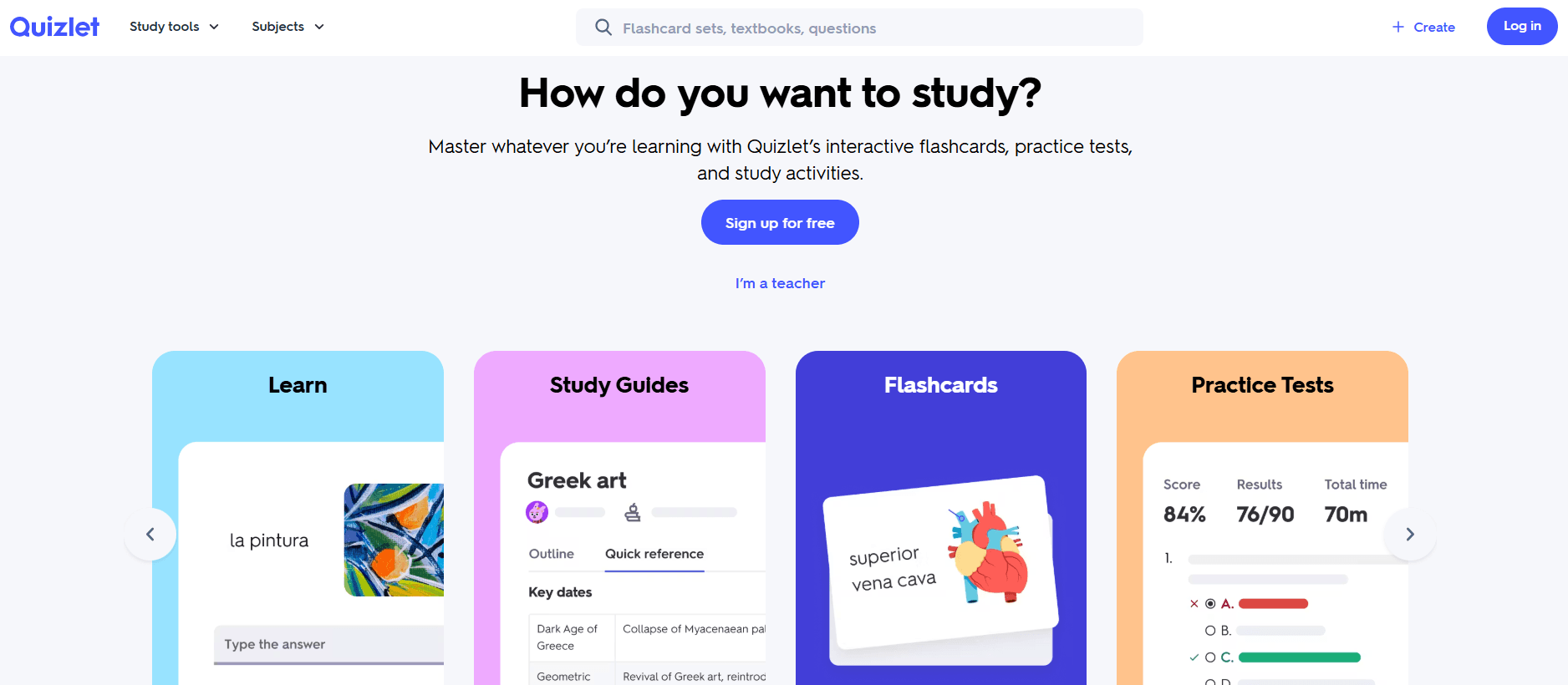 Quizlet homepage screenshot.