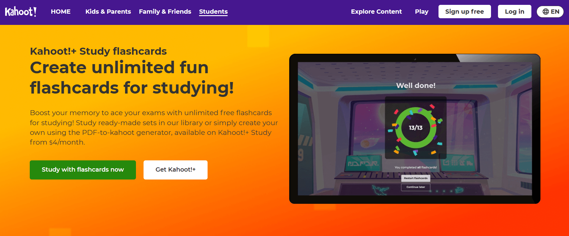 Kahoot flashcard creation home page.
