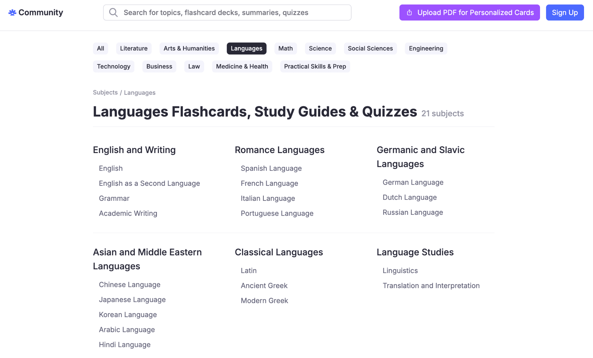 RemNote's premade language flashcards page.