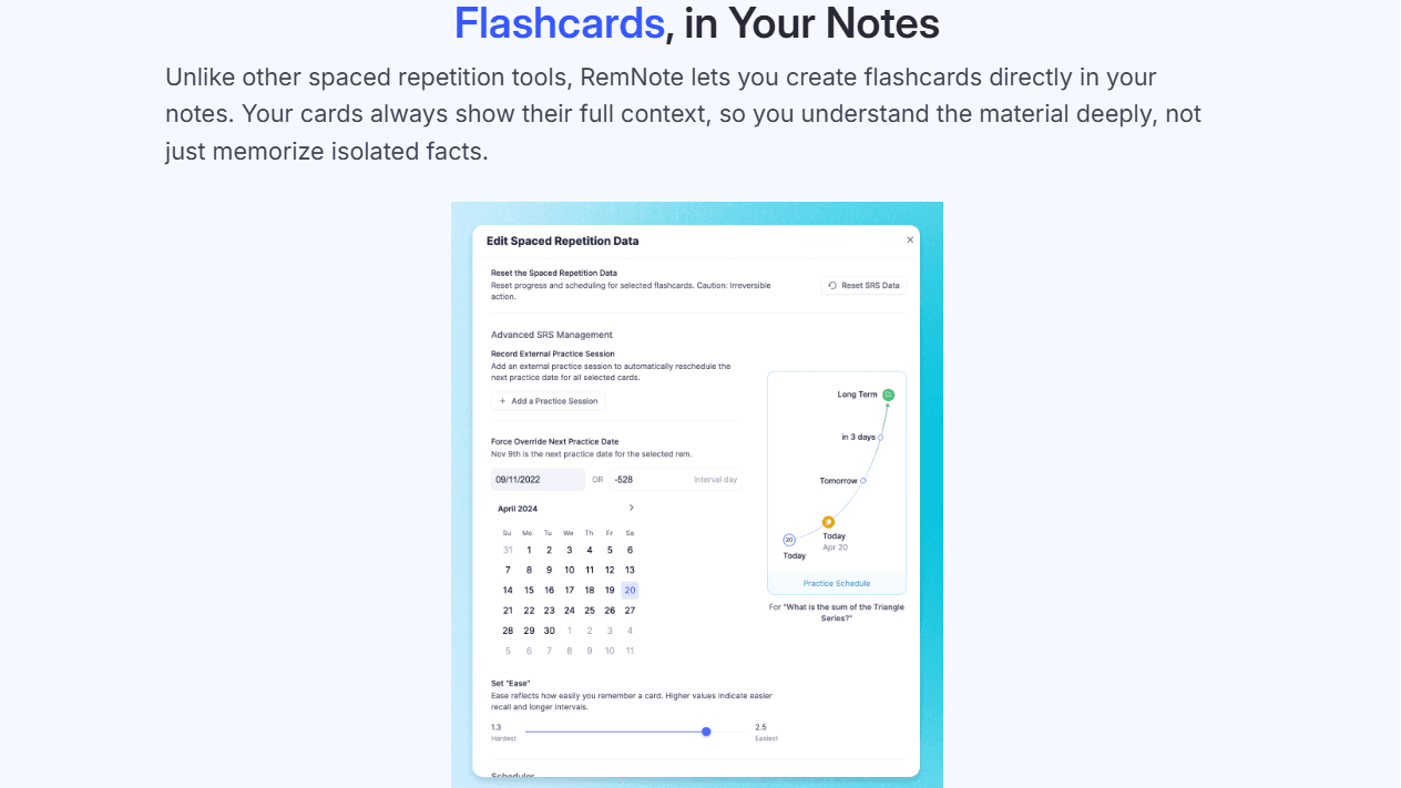 RemNote's flashcards in your notes page.