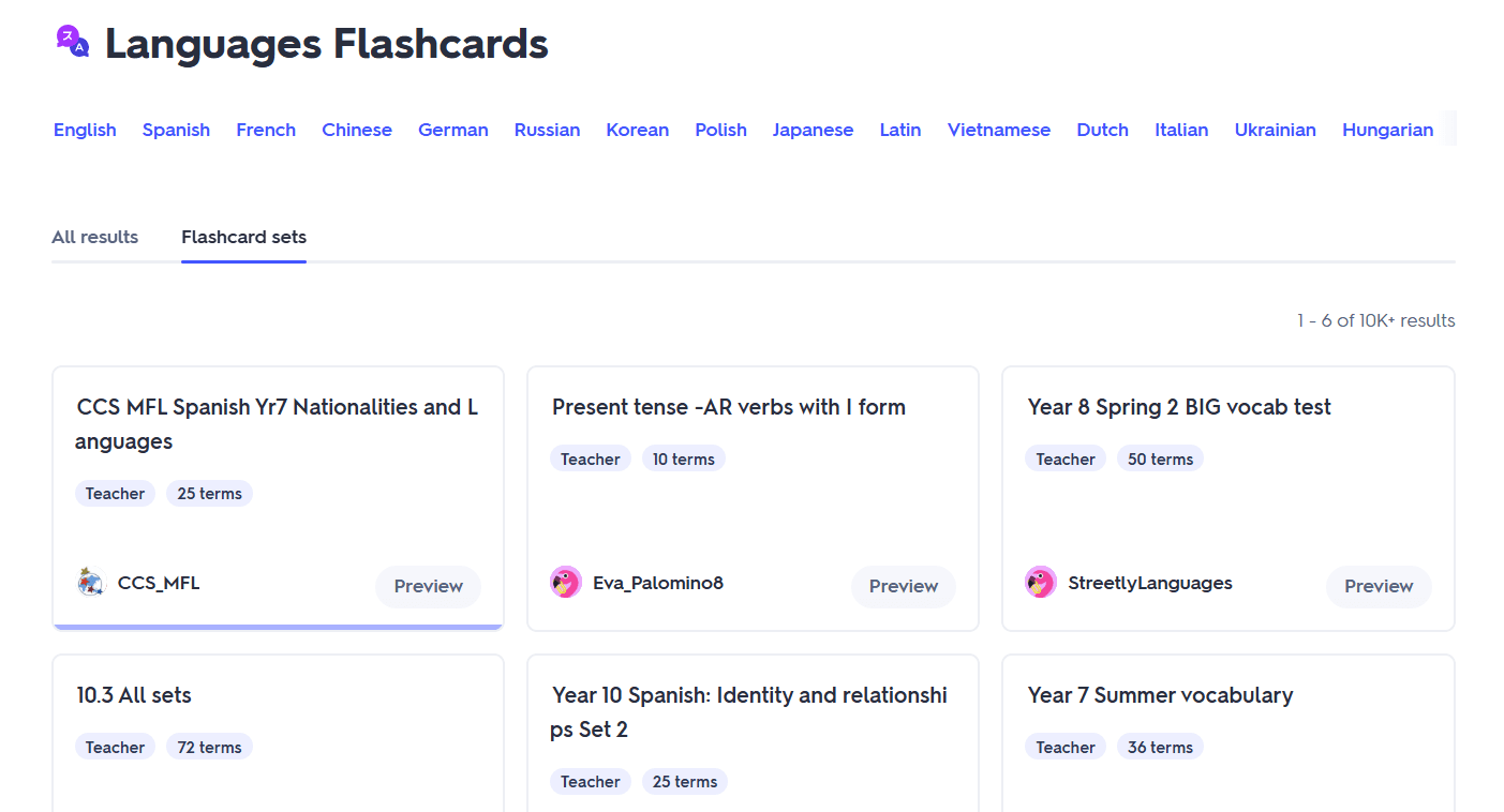 Quizlet’s language flashcard sets.