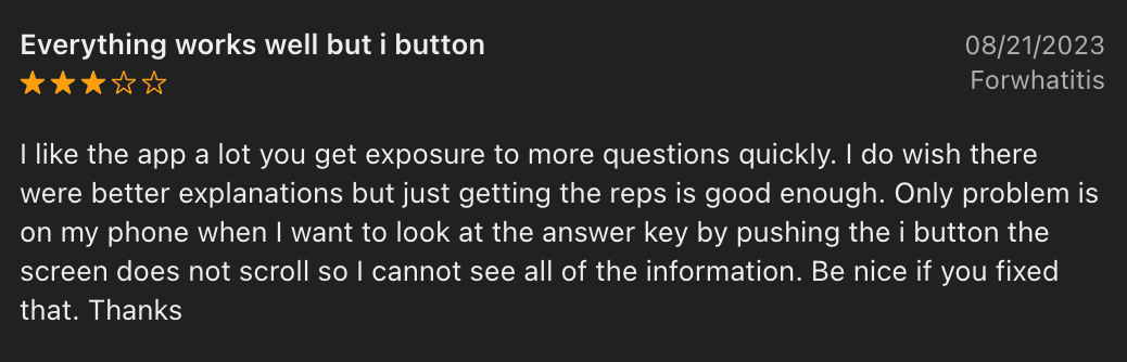 User review for Memorang on App store.