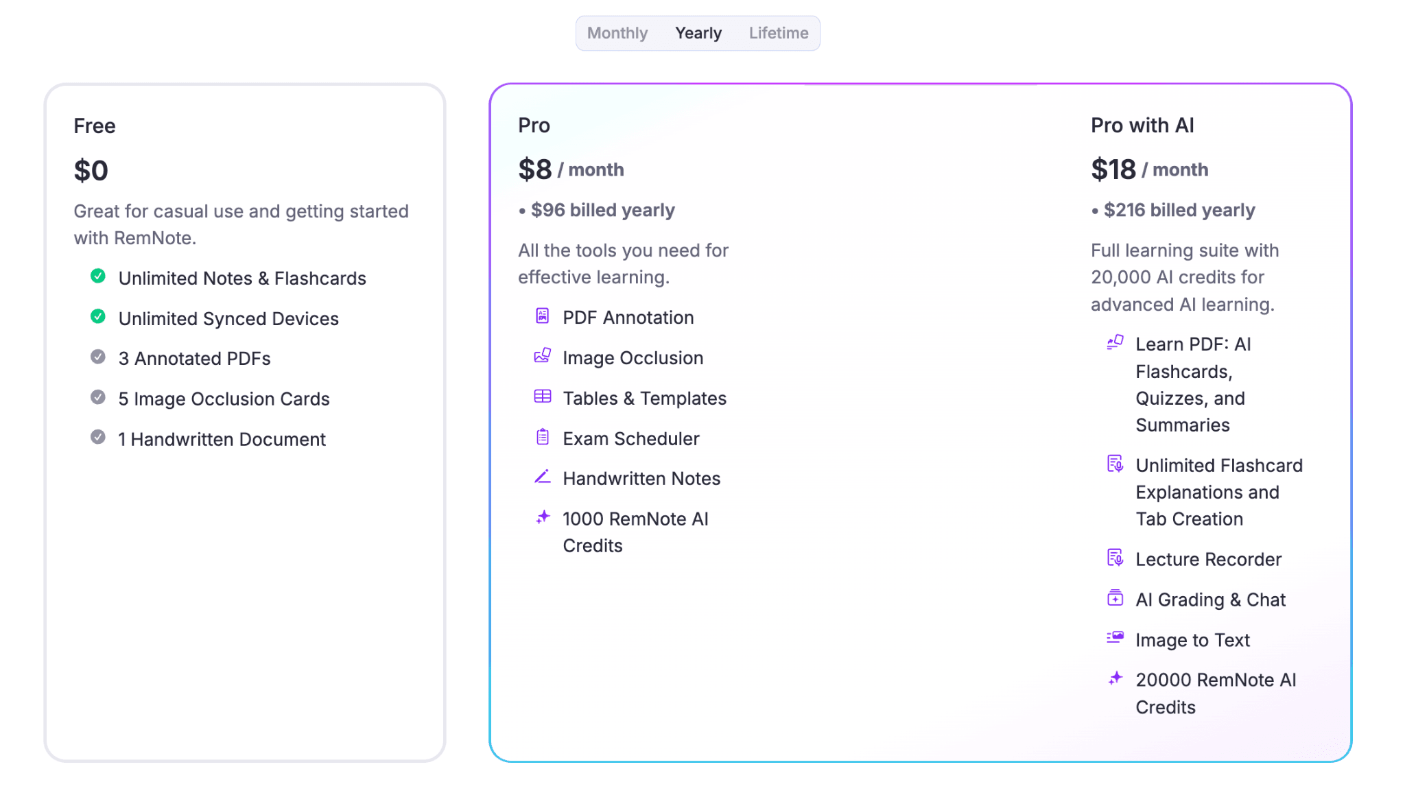RemNote's pricing plans.